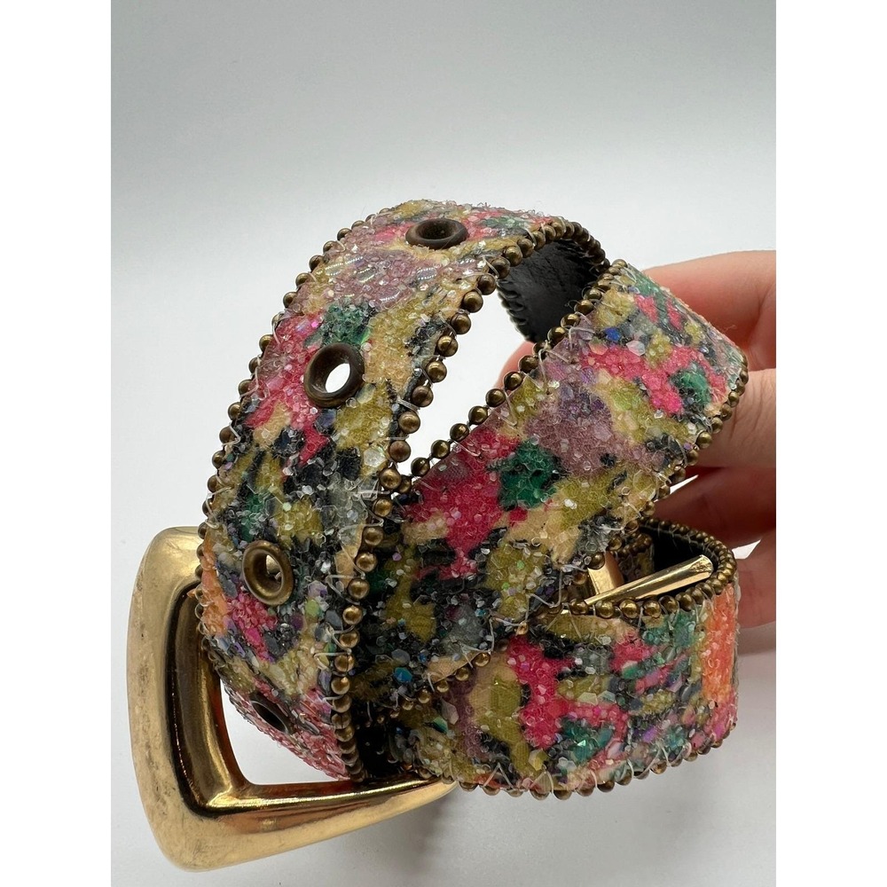 Vintage 90s‎ Leather Statement Belt Maximalist Colorful Beaded Glitter Western
